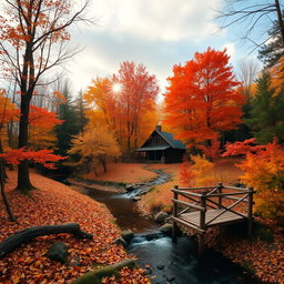 A serene forest landscape during autumn, showcasing vibrant orange and red leaves on trees, a calm stream flowing gently through the scene, and soft rays of sunlight penetrating the foliage above