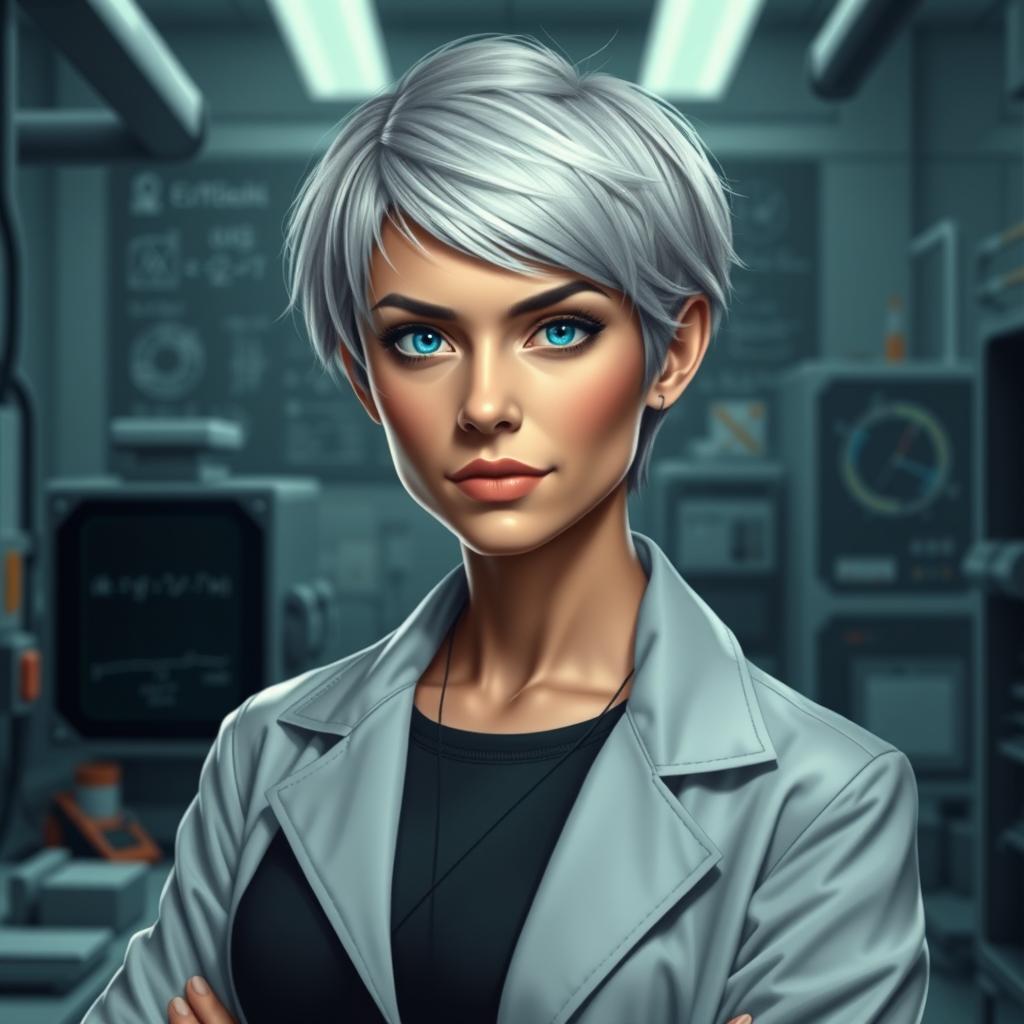 A powerful portrait of Evie, a 27-year-old mentor and renowned physicist, depicted with short, striking silver hair and piercing blue eyes that convey her strength and wisdom