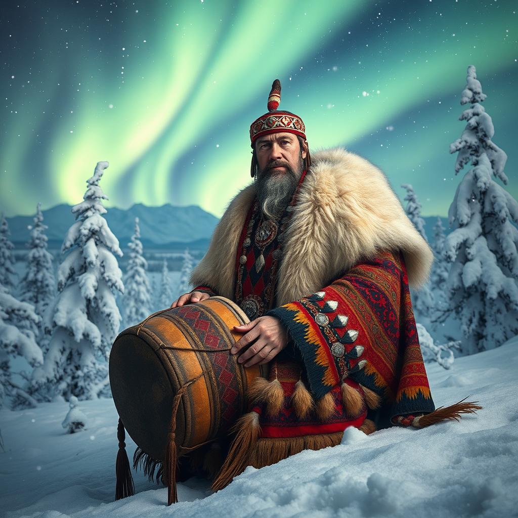 A mystical and serene landscape featuring GMS Sami, a majestic Sami shaman dressed in traditional reindeer skin clothing, adorned with intricate silver jewelry and vibrant patterns