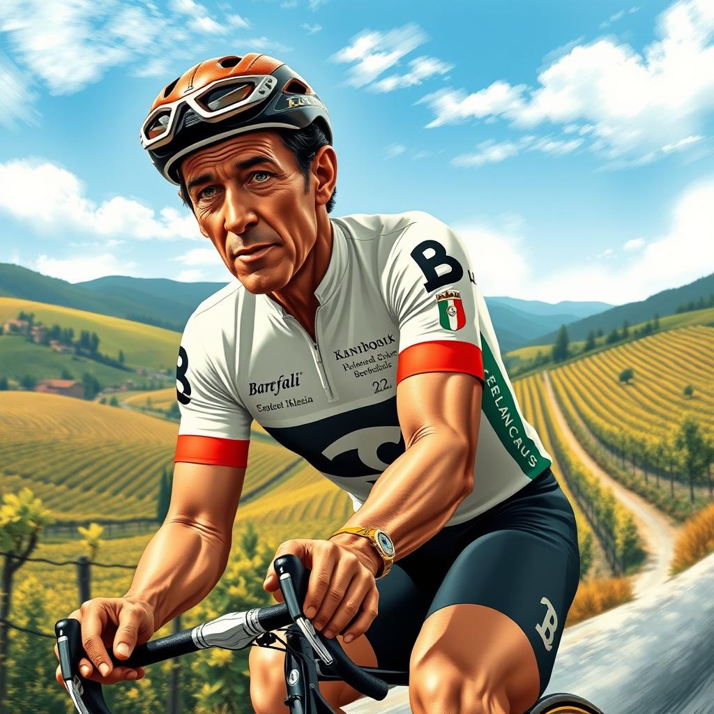 An artistic representation of Gino Bartali, the legendary Italian cyclist, wearing his classic racing attire while riding a vintage bicycle through the scenic countryside of Tuscany