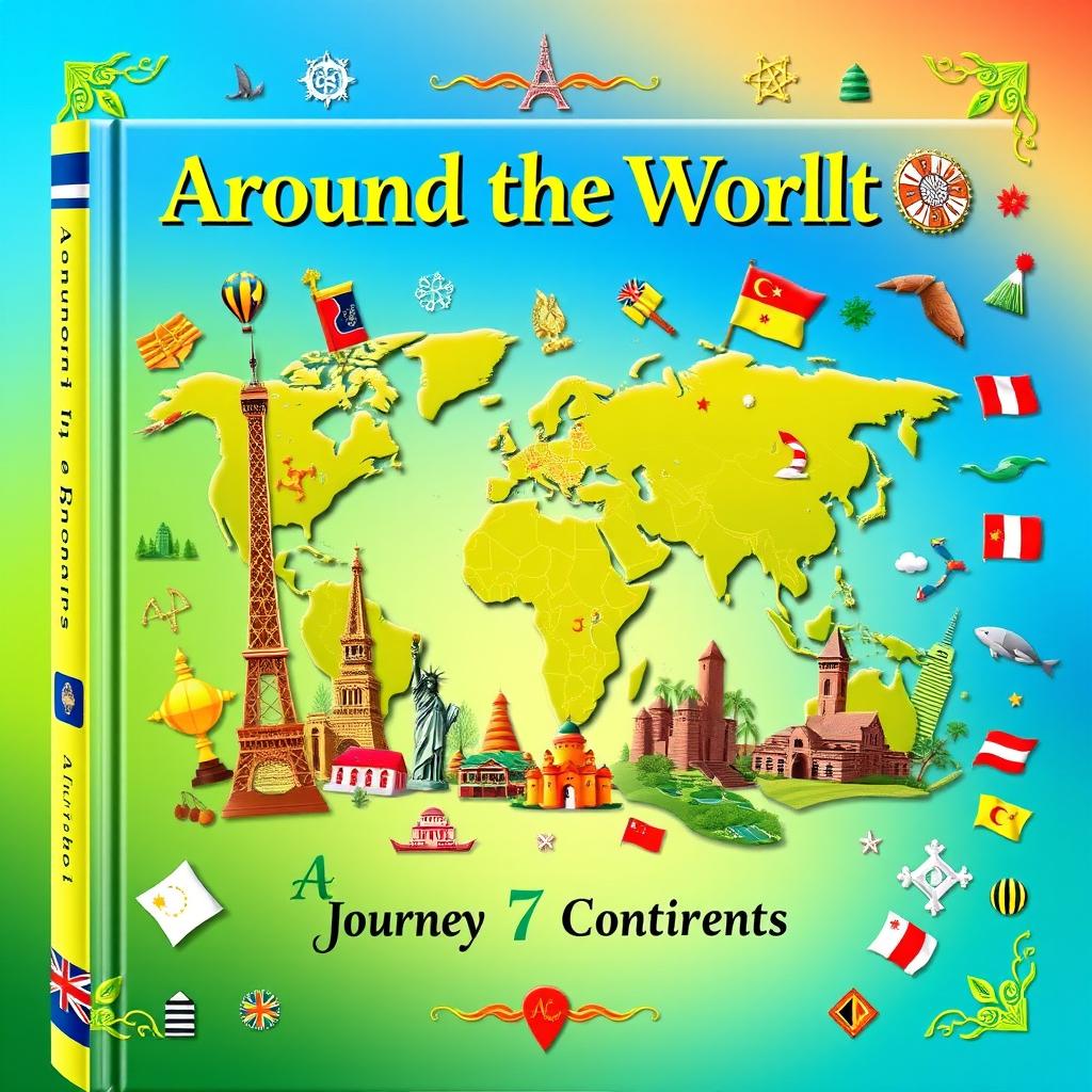 A vibrant and colorful book cover design featuring a world map adorned with iconic landmarks from various countries, including the Eiffel Tower, Great Wall of China, Statue of Liberty, and Machu Picchu