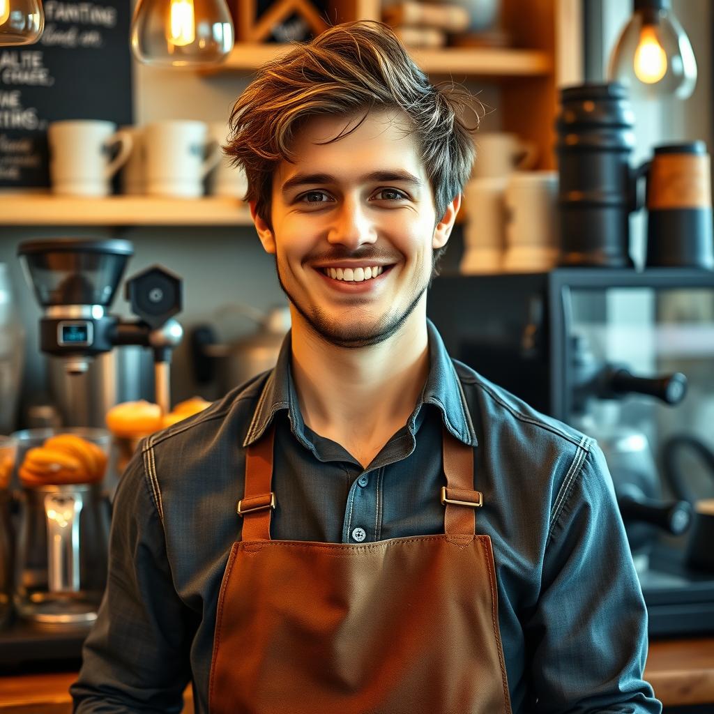A warm and inviting portrait of Marcus, a charming and charismatic barista aged 28, with tousled brown hair that adds to his relaxed and friendly demeanor