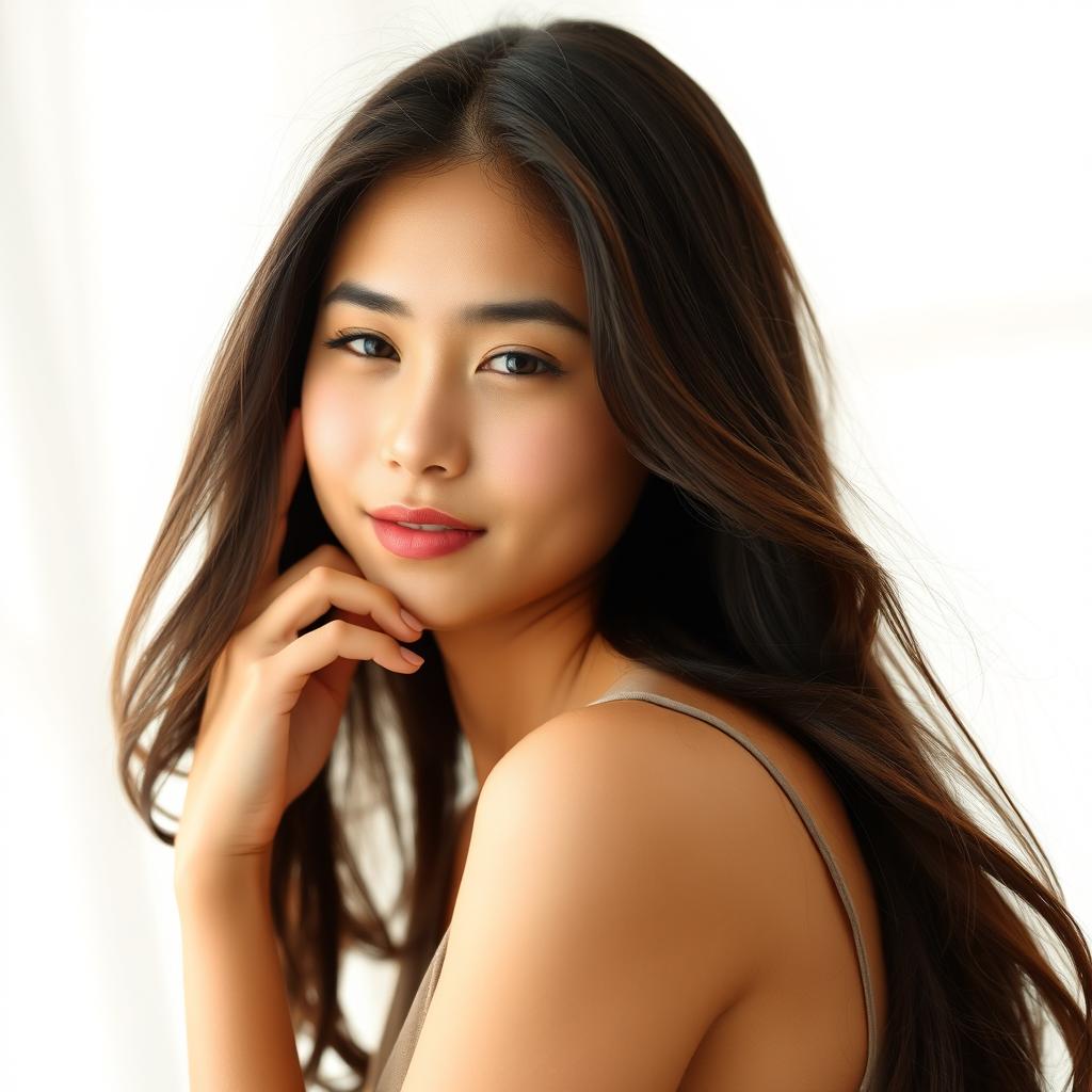 A beautiful Indonesian female model posing elegantly in a half-body portrait, gently touching her face with a graceful expression