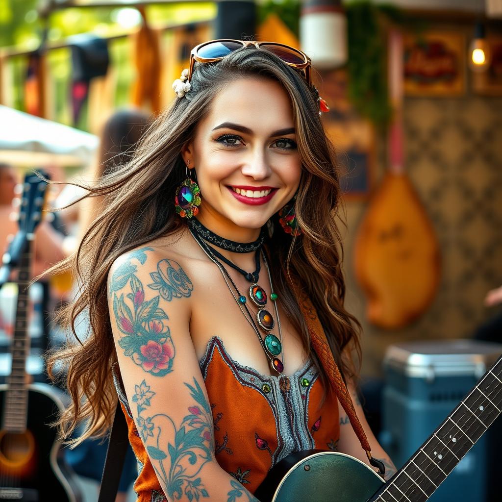 A vibrant portrait of Jazz, a 24-year-old talented musician and Amelia's childhood friend, captured in a lively outdoor setting that reflects her adventurous spirit