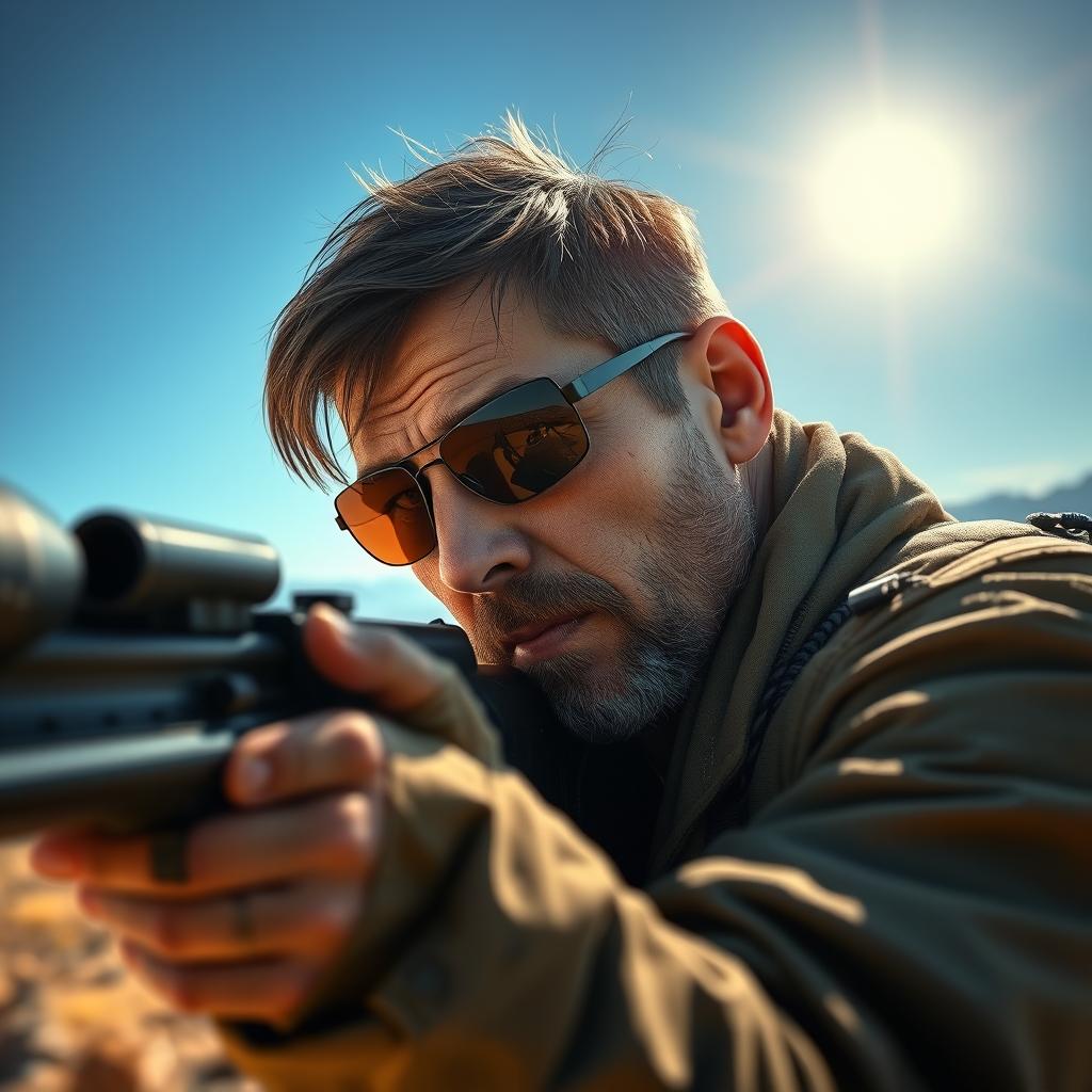 A highly detailed, realistic portrayal of a skilled sharpshooter known as 'Deadeye', dressed in rugged, tactical clothing, focusing intensely through the scope of a high-powered rifle