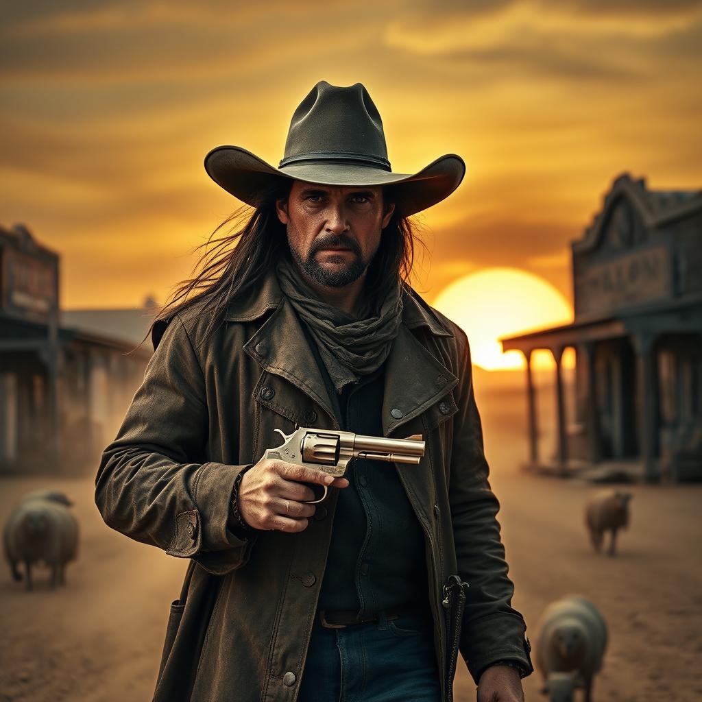 A rugged gunslinger in a wild west setting, wearing a worn leather duster, a wide-brimmed cowboy hat, and holding a pair of revolvers