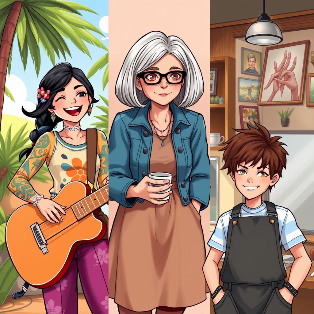 A visually engaging character roster showcasing the diverse personalities of the main characters: Jazz, Clara, and Marcus, each presented in their distinctive styles and settings