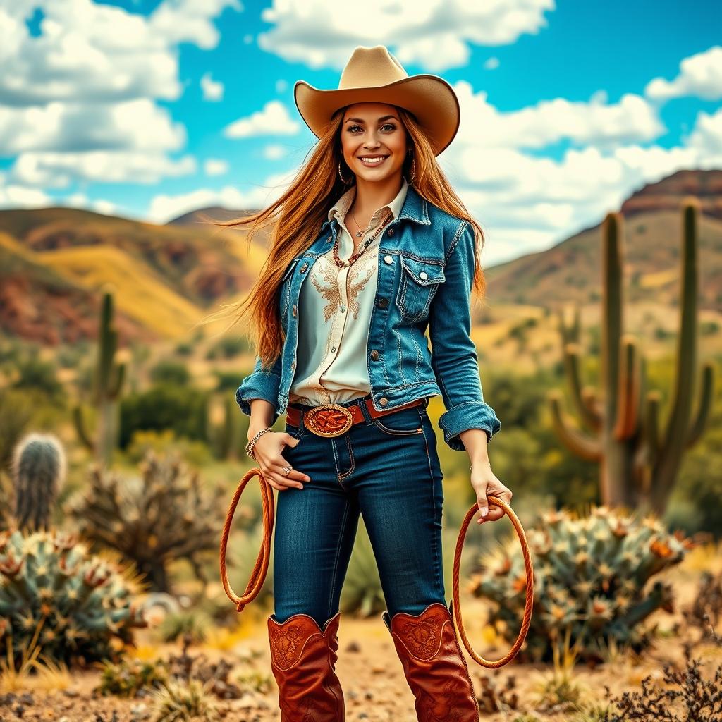 A fashionable and stylish cowgirl standing in a vibrant wild west landscape
