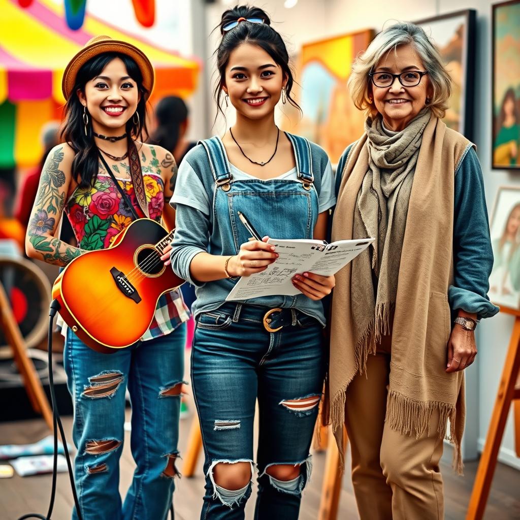 A captivating Wattpad header design focusing on the main characters: Jazz, Amelia, and Clara, visually narrating their unique personalities and relationships