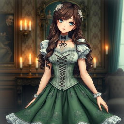 A gothic Victorian maiden anime girl dressed in a tightly laced corset over a white bodice or chemisette, exuding an enchanting and mysterious vibe
