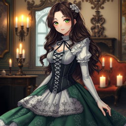 A gothic Victorian maiden anime girl dressed in a tightly laced corset over a white bodice or chemisette, exuding an enchanting and mysterious vibe