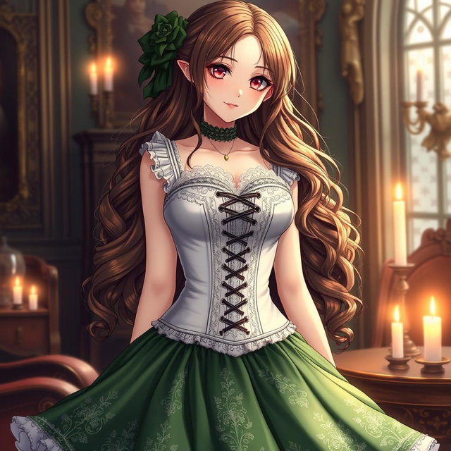 A gothic Victorian maiden anime girl dressed in a tightly laced corset over a white bodice or chemisette, exuding an enchanting and mysterious vibe