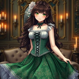 A gothic Victorian maiden anime girl dressed in a tightly laced corset over a white bodice or chemisette, exuding an enchanting and mysterious vibe