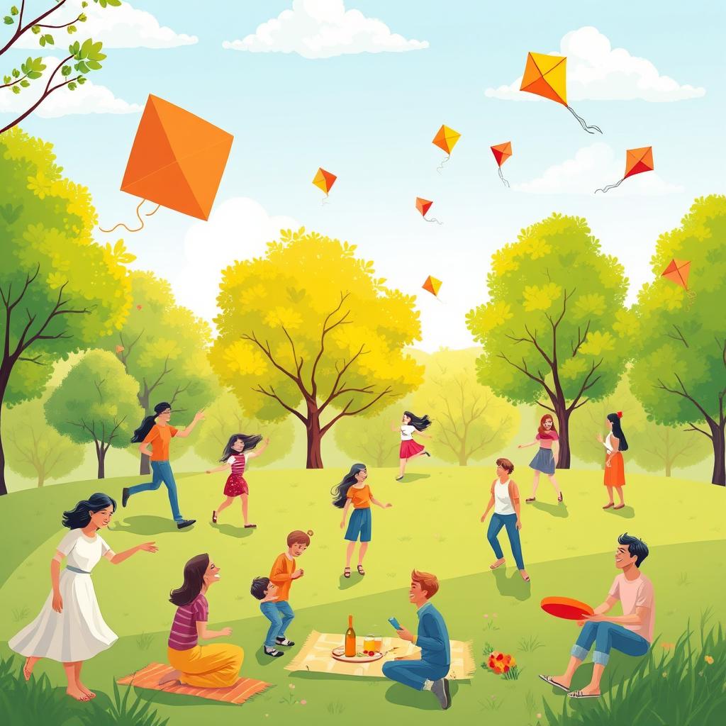 An evocative modern illustration inspired by the theme of 'Pursuit of Happiness', depicting a diverse group of people joyfully engaging in various activities: a couple dancing in a sunlit park, children flying colorful kites, a family sharing laughter over a picnic, and friends enjoying a game of frisbee