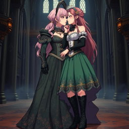 A striking, sexy dominant gothic anime princess with light pink hair styled elegantly, wearing big boots that accentuate her thick thighs