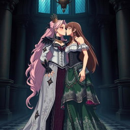 A striking, sexy dominant gothic anime princess with light pink hair styled elegantly, wearing big boots that accentuate her thick thighs