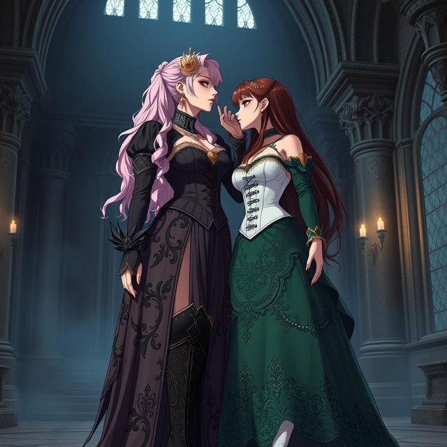 A striking, sexy dominant gothic anime princess with light pink hair styled elegantly, wearing big boots that accentuate her thick thighs