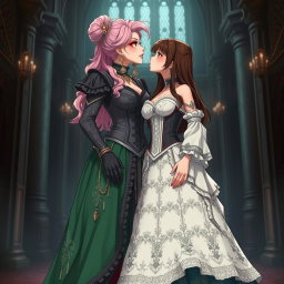 A striking, sexy dominant gothic anime princess with light pink hair styled elegantly, wearing big boots that accentuate her thick thighs