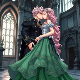 A sexy dominant gothic anime princess with striking light pink hair styled elegantly, showcasing her thick thighs adorned with big, bold boots