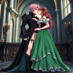 A sexy dominant gothic anime princess with striking light pink hair styled elegantly, showcasing her thick thighs adorned with big, bold boots