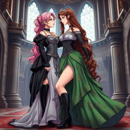 A sexy dominant gothic anime princess with striking light pink hair styled elegantly, showcasing her thick thighs adorned with big, bold boots