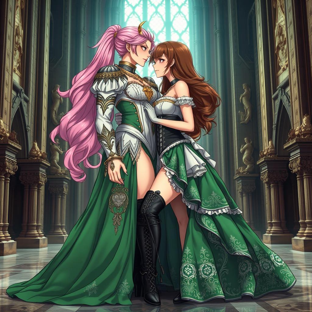 A sexy dominant gothic anime princess with striking light pink hair styled elegantly, showcasing her thick thighs adorned with big, bold boots