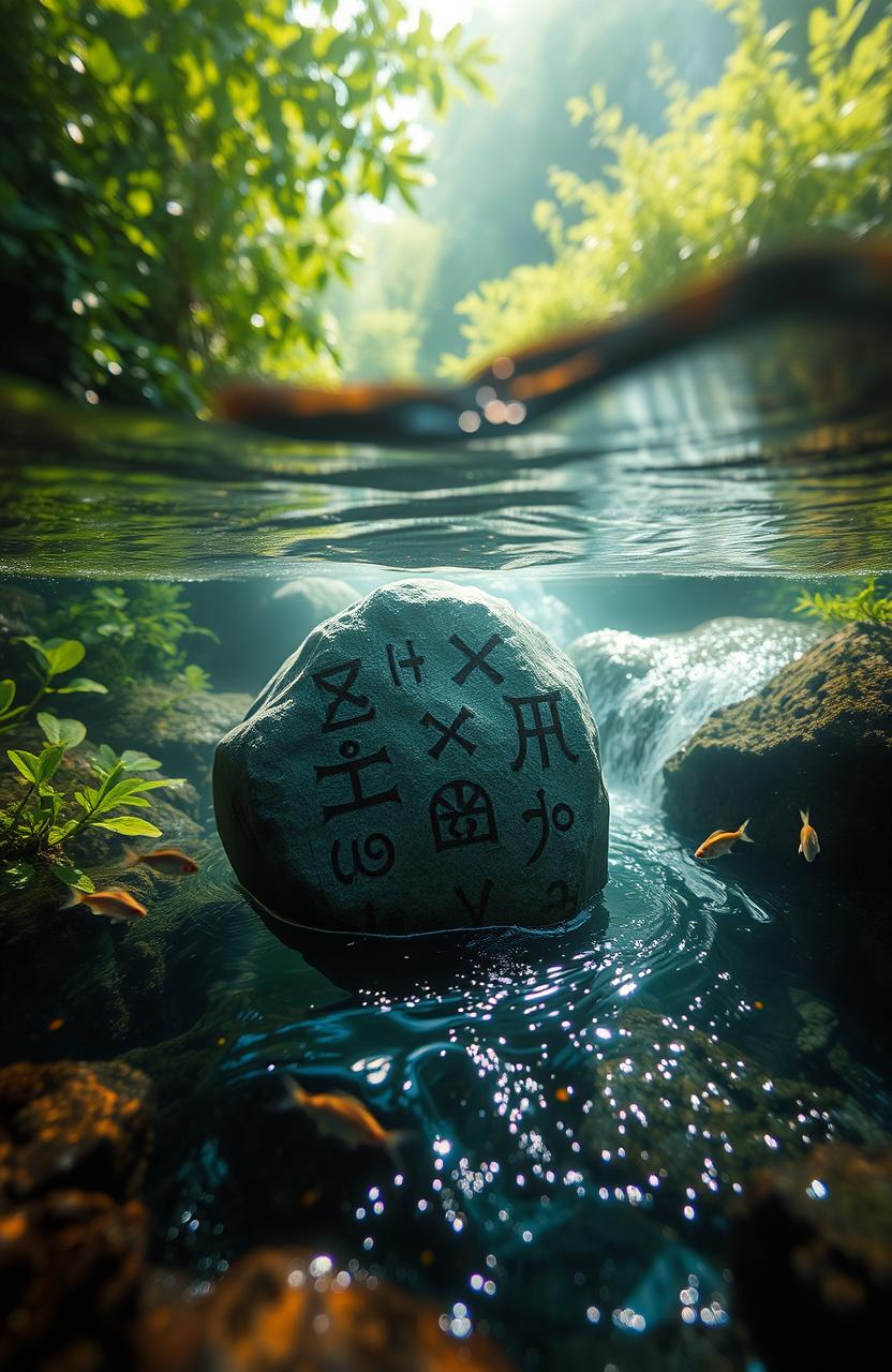 A mystical stone submerged under a flowing river, surrounded by vibrant aquatic plants and shimmering water reflecting sunlight