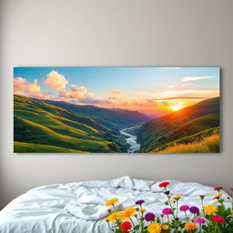 A horizontal poster designed for a cozy bedroom, featuring a serene landscape scene