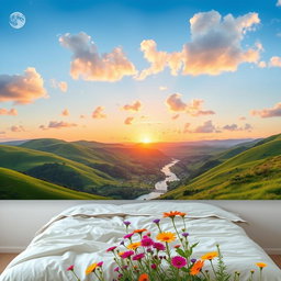A horizontal poster designed for a cozy bedroom, featuring a serene landscape scene