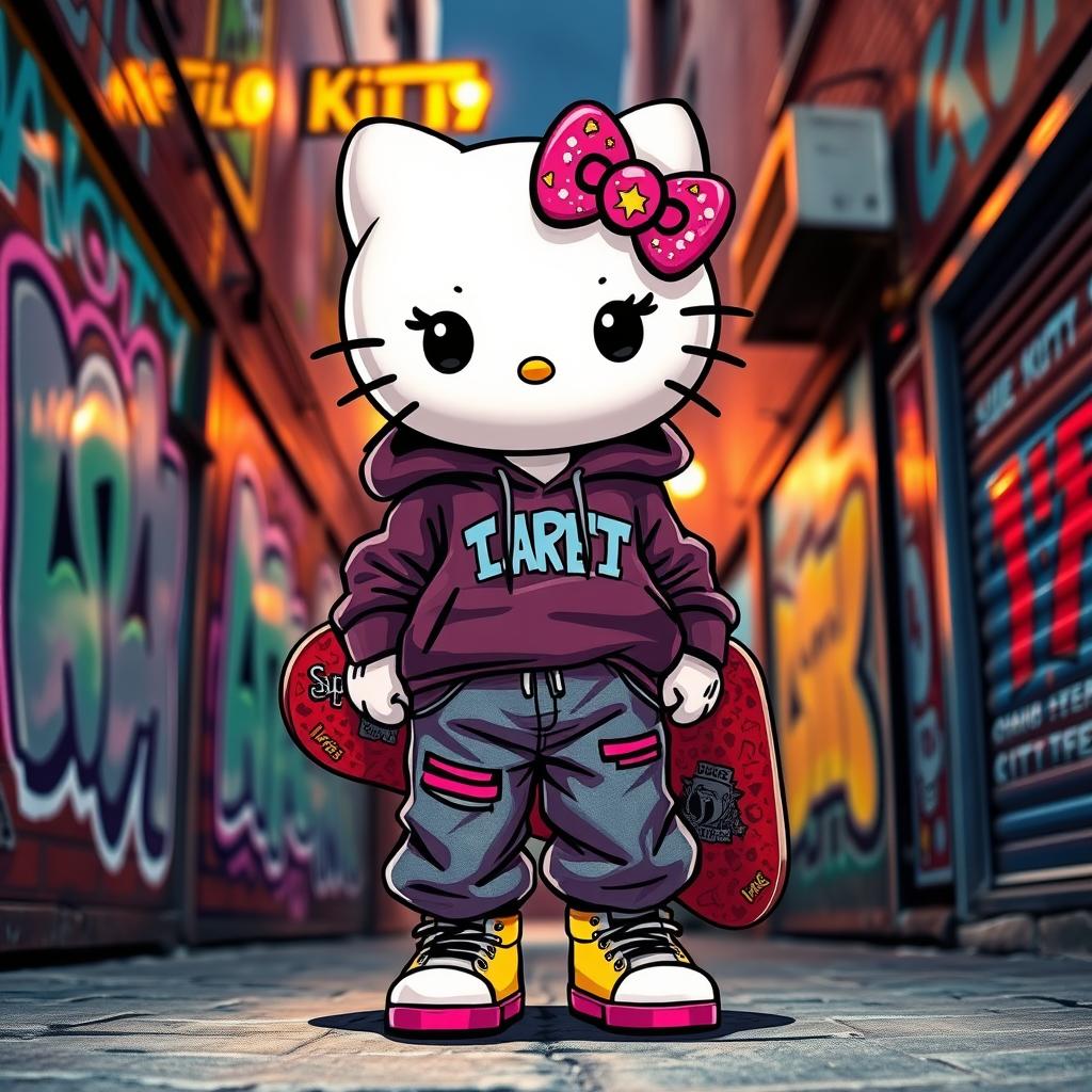A streetwise and rebellious version of Hello Kitty, dressed in urban thug attire, complete with a stylish oversized hoodie, baggy jeans, and trendy sneakers