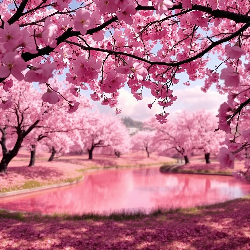A vibrant pink landscape filled with delicate cherry blossom trees in full bloom, a serene pond reflecting the pink hues of the sky, and soft pink clouds drifting peacefully above