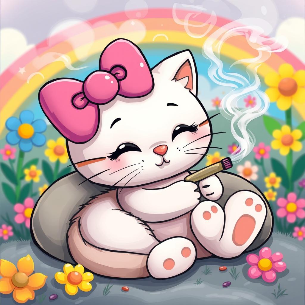 A cute, cartoonish cat with a large pink bow on its head, resembling the iconic Hello Kitty character, lounging comfortably