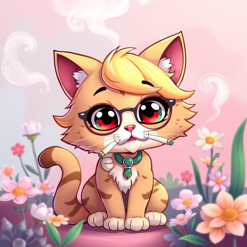 A stylish and playful cartoon cat resembling a popular character, casually smoking a joint in a colorful and cheerful setting