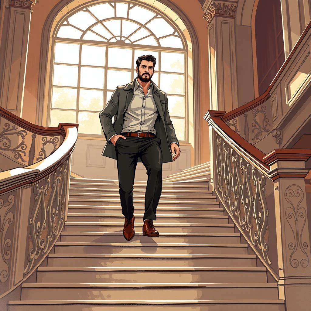 A striking illustration titled 'A Man's First Steps', depicting a determined man walking up a grand staircase with purpose