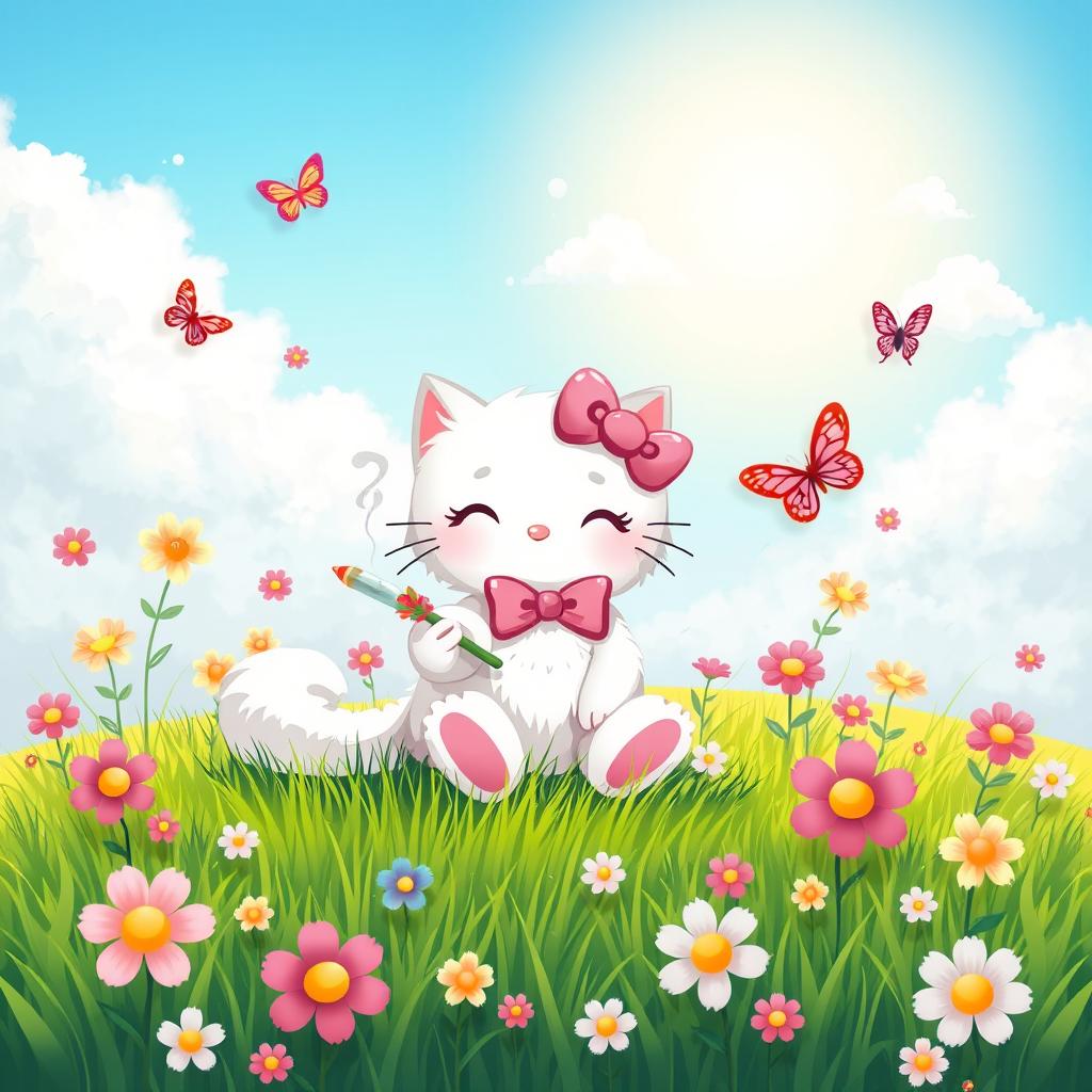 A cute and whimsical scene featuring a cartoon cat with a white fur coat, wearing a pink bow (inspired by Hello Kitty), sitting comfortably on a vibrant green grassy field