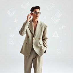 An abstract theorist model showcasing an oversized, deconstructed blazer with asymmetrical lapels and exaggerated shoulders