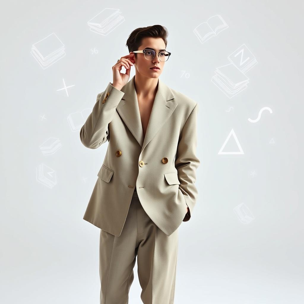An abstract theorist model showcasing an oversized, deconstructed blazer with asymmetrical lapels and exaggerated shoulders