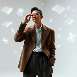 An abstract theorist model showcasing an oversized, deconstructed blazer with asymmetrical lapels and exaggerated shoulders