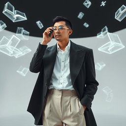 An abstract theorist model showcasing an oversized, deconstructed blazer with asymmetrical lapels and exaggerated shoulders