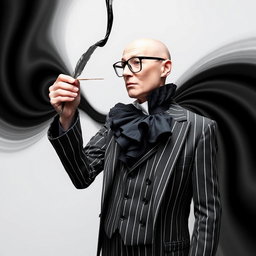 A professor figure dressed in a pinstripe suit, where the stripes are warped and curved, resembling a distortion of time