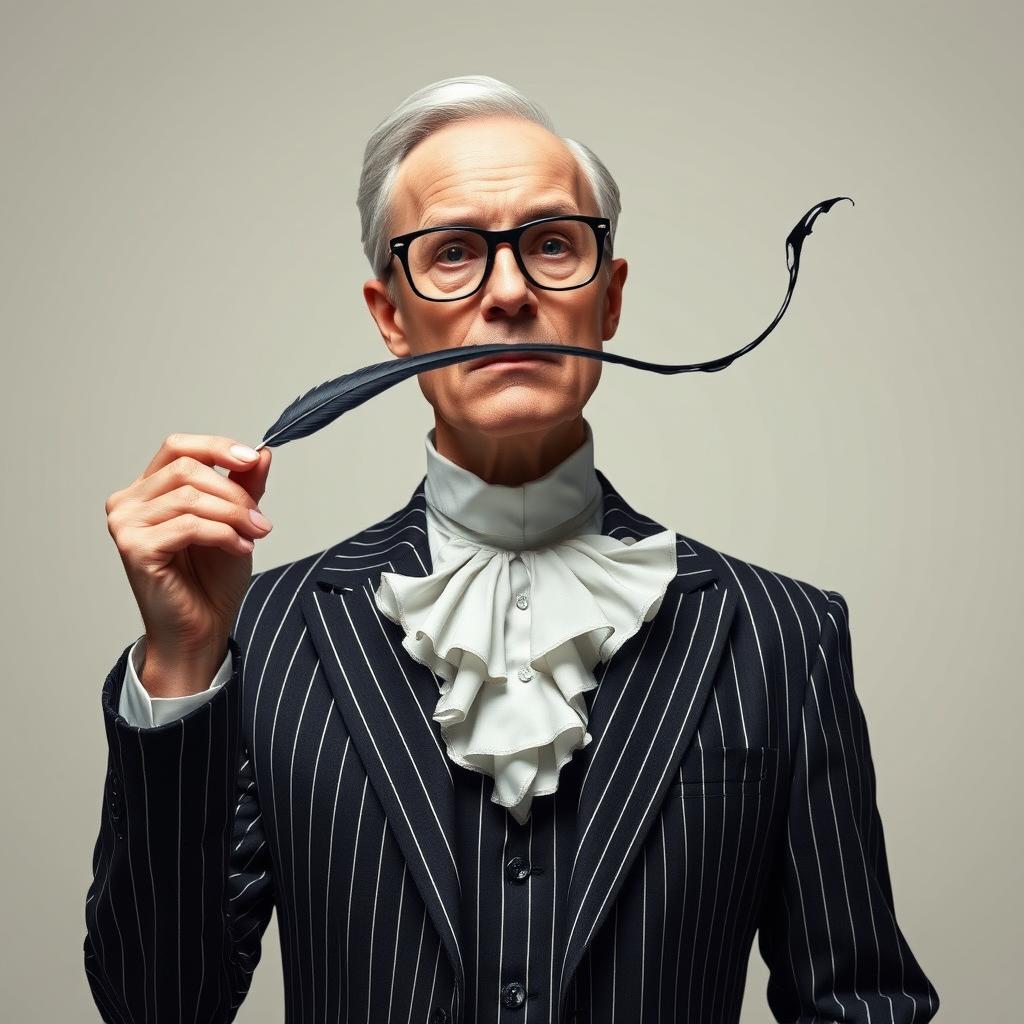 A professor figure dressed in a pinstripe suit, where the stripes are warped and curved, resembling a distortion of time