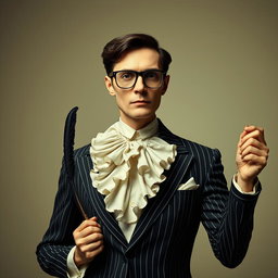 A professor figure dressed in a pinstripe suit, where the stripes are warped and curved, resembling a distortion of time