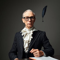 A professor figure dressed in a pinstripe suit, where the stripes are warped and curved, resembling a distortion of time