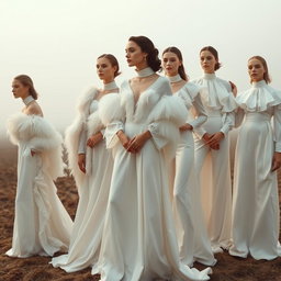 A group of models dressed in flowing white couture, showcasing layered silk garments, feathered capes, and high-neck blouses adorned with soft ruffles