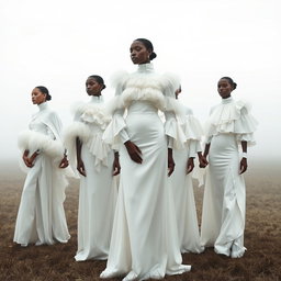 A group of models dressed in flowing white couture, showcasing layered silk garments, feathered capes, and high-neck blouses adorned with soft ruffles