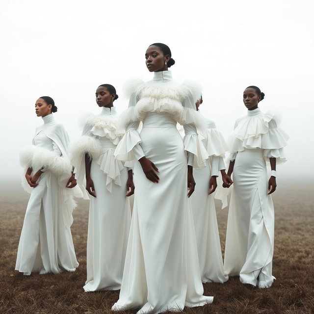 A group of models dressed in flowing white couture, showcasing layered silk garments, feathered capes, and high-neck blouses adorned with soft ruffles