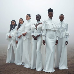A group of models dressed in flowing white couture, showcasing layered silk garments, feathered capes, and high-neck blouses adorned with soft ruffles