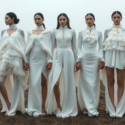 A group of models dressed in flowing white couture, showcasing layered silk garments, feathered capes, and high-neck blouses adorned with soft ruffles