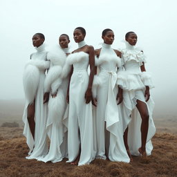 A group of models draped in flowing white couture, featuring layered silk garments, feathered capes, and high-neck blouses with soft ruffles