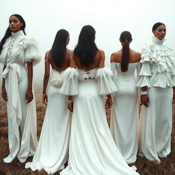 A group of models draped in flowing white couture, featuring layered silk garments, feathered capes, and high-neck blouses with soft ruffles